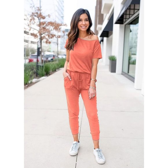 Women's Pink Loose Solid Off Shoulder Elastic Waist Stretchy Romper Jumpsuit - Picture 1 of 5